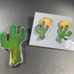Cactus Brooch Earring Set Green Gold Figural Southwestern Desert Novelty